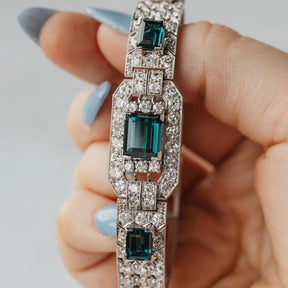 Platinum, 18K, And 9K White Gold Assembled Art Deco Indicolite Diamond Bracelet