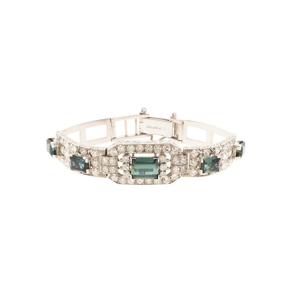 Platinum, 18K, And 9K White Gold Assembled Art Deco Indicolite Diamond Bracelet