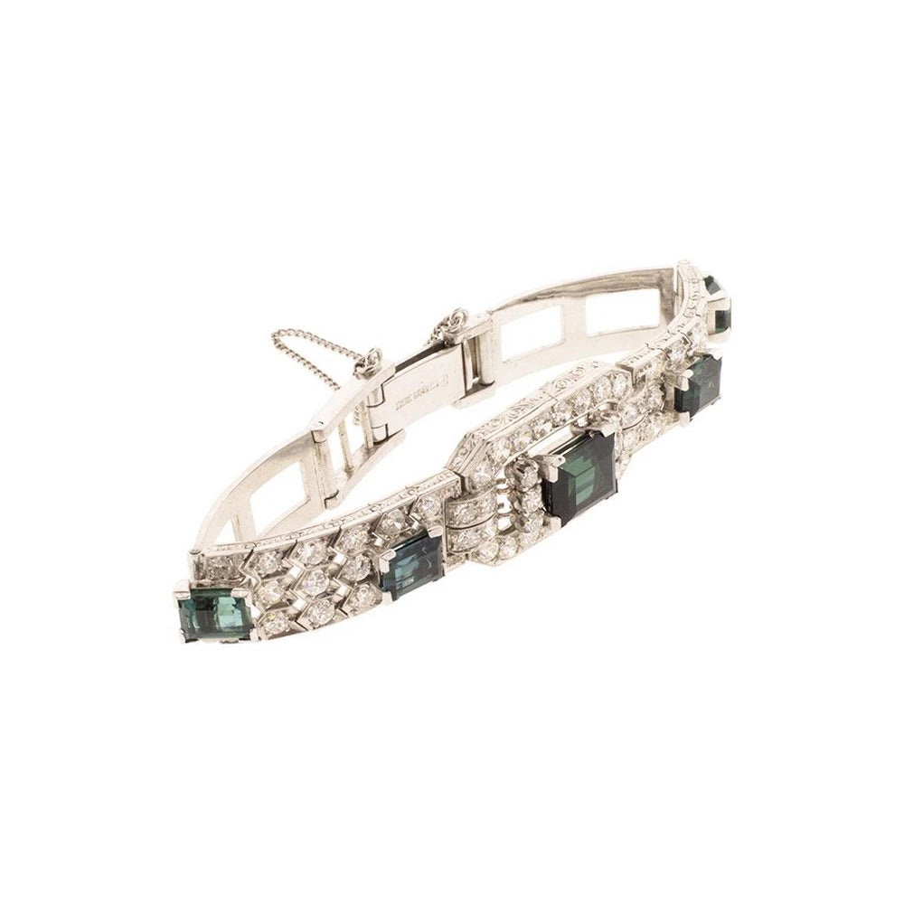Platinum, 18K, And 9K White Gold Assembled Art Deco Indicolite Diamond Bracelet