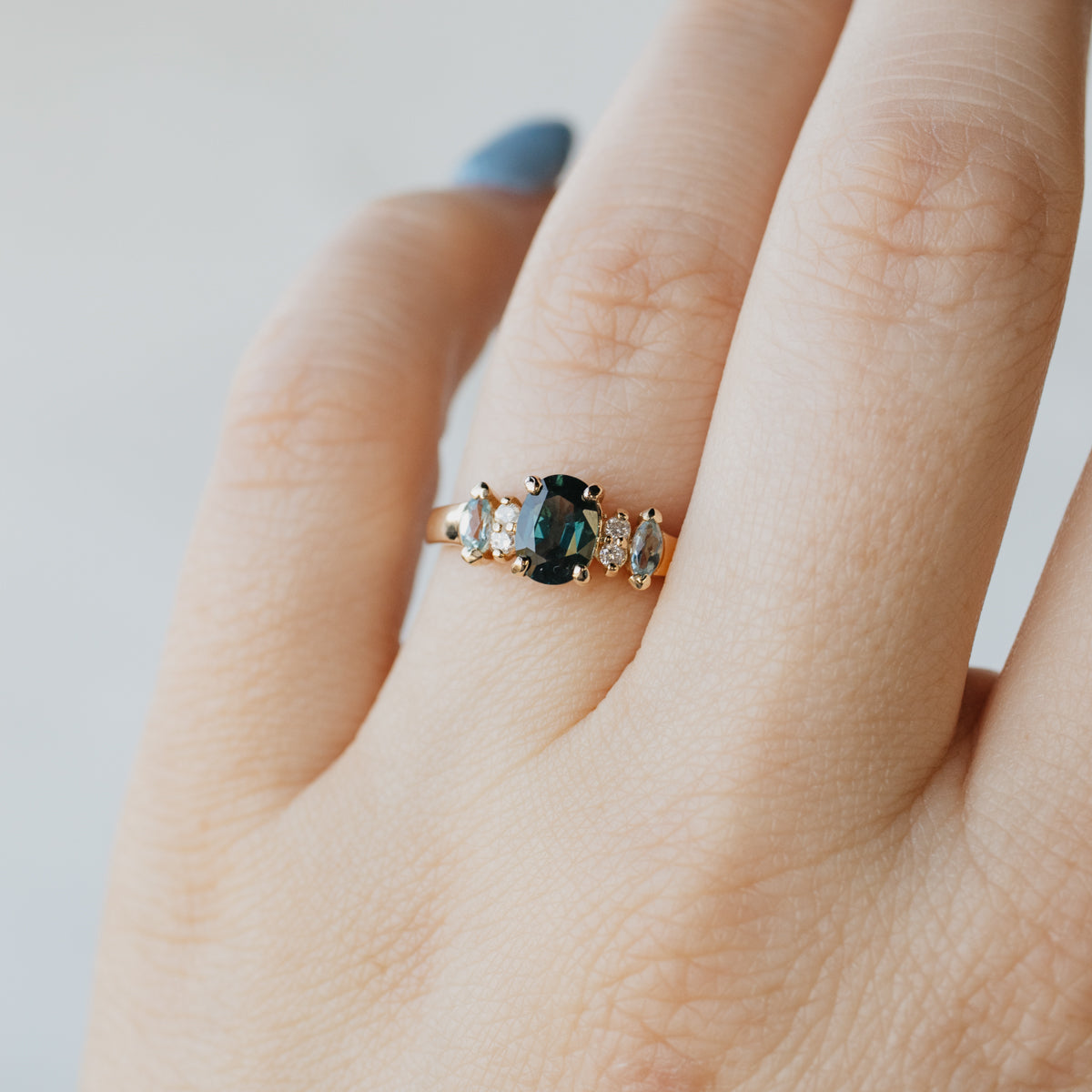 14K Yellow Gold Green Sapphire, Aquamarine, & Diamond Ring