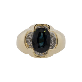 Dark Teal Sapphire and Diamond Two Tone Buttercup Ring