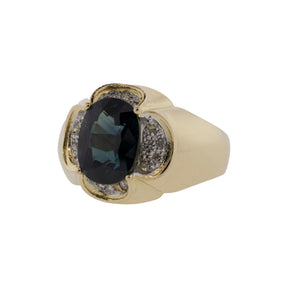 Dark Teal Sapphire and Diamond Two Tone Buttercup Ring