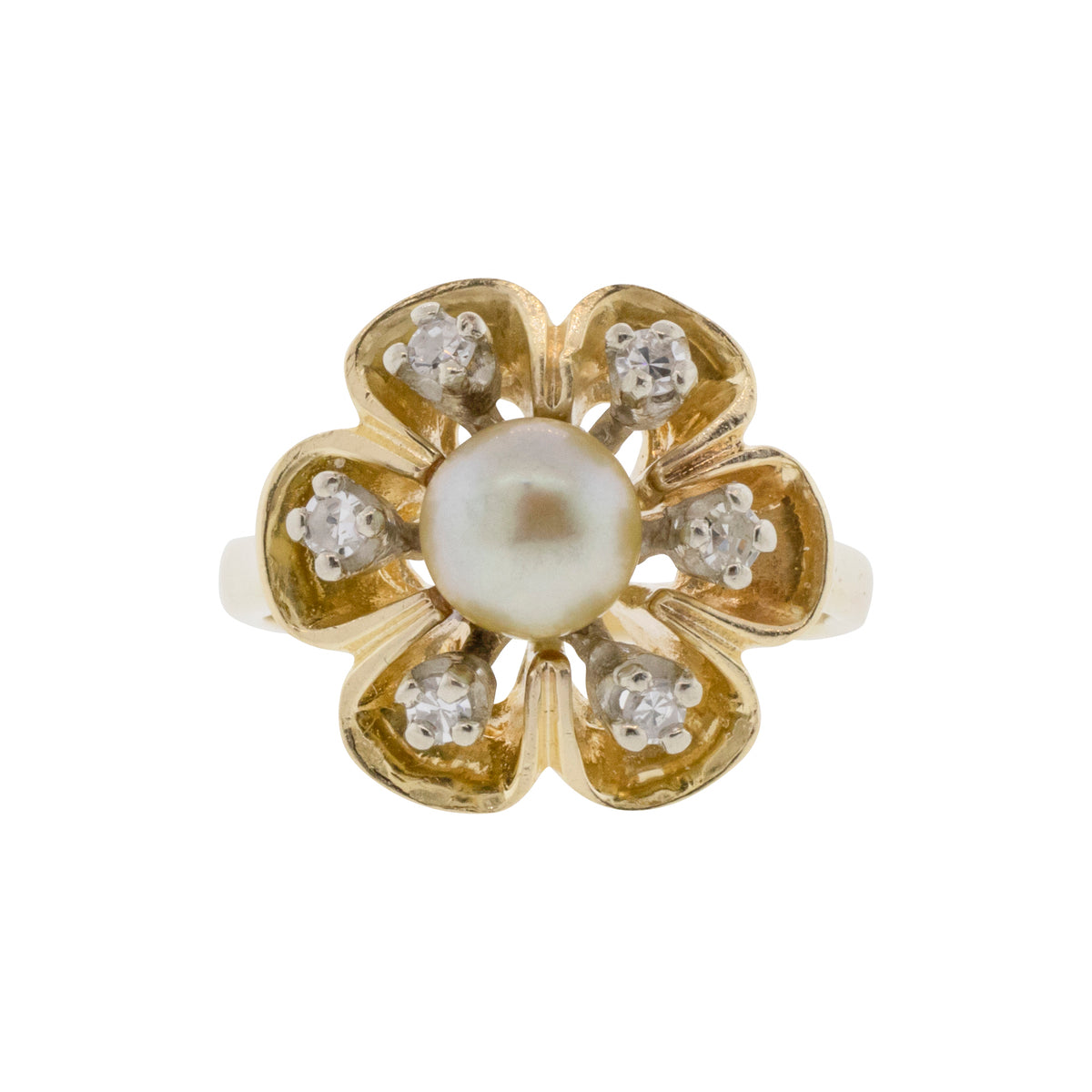 Golden Pearl and Diamond Petal Ring
