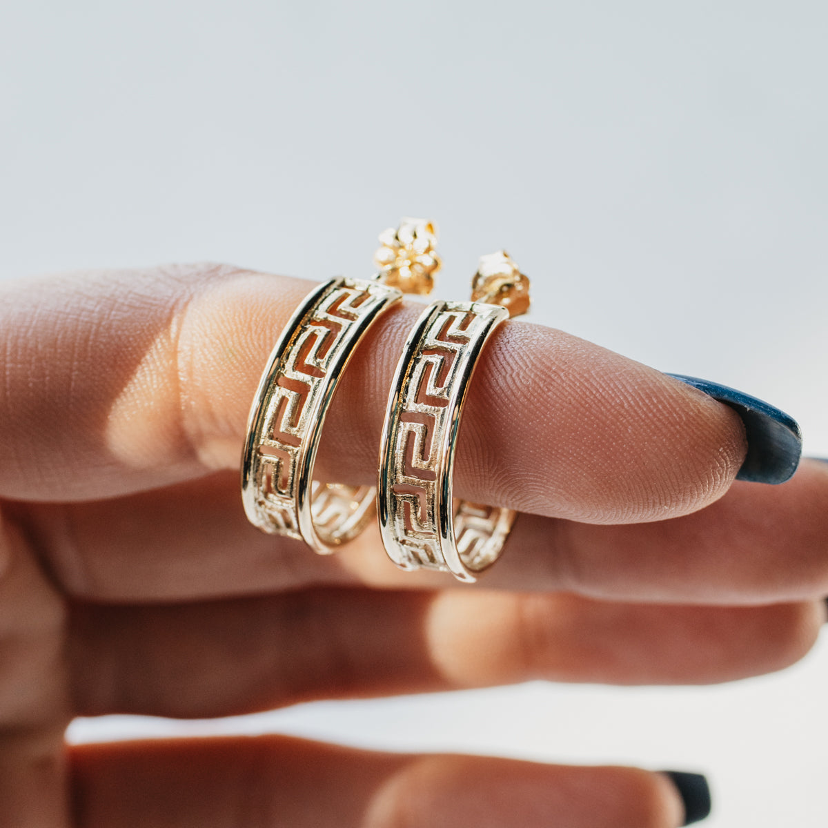14K Yellow Gold Greek Key Hoop Earrings