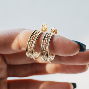 14K Yellow Gold Greek Key Hoop Earrings