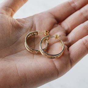 14K Yellow Gold Greek Key Hoop Earrings