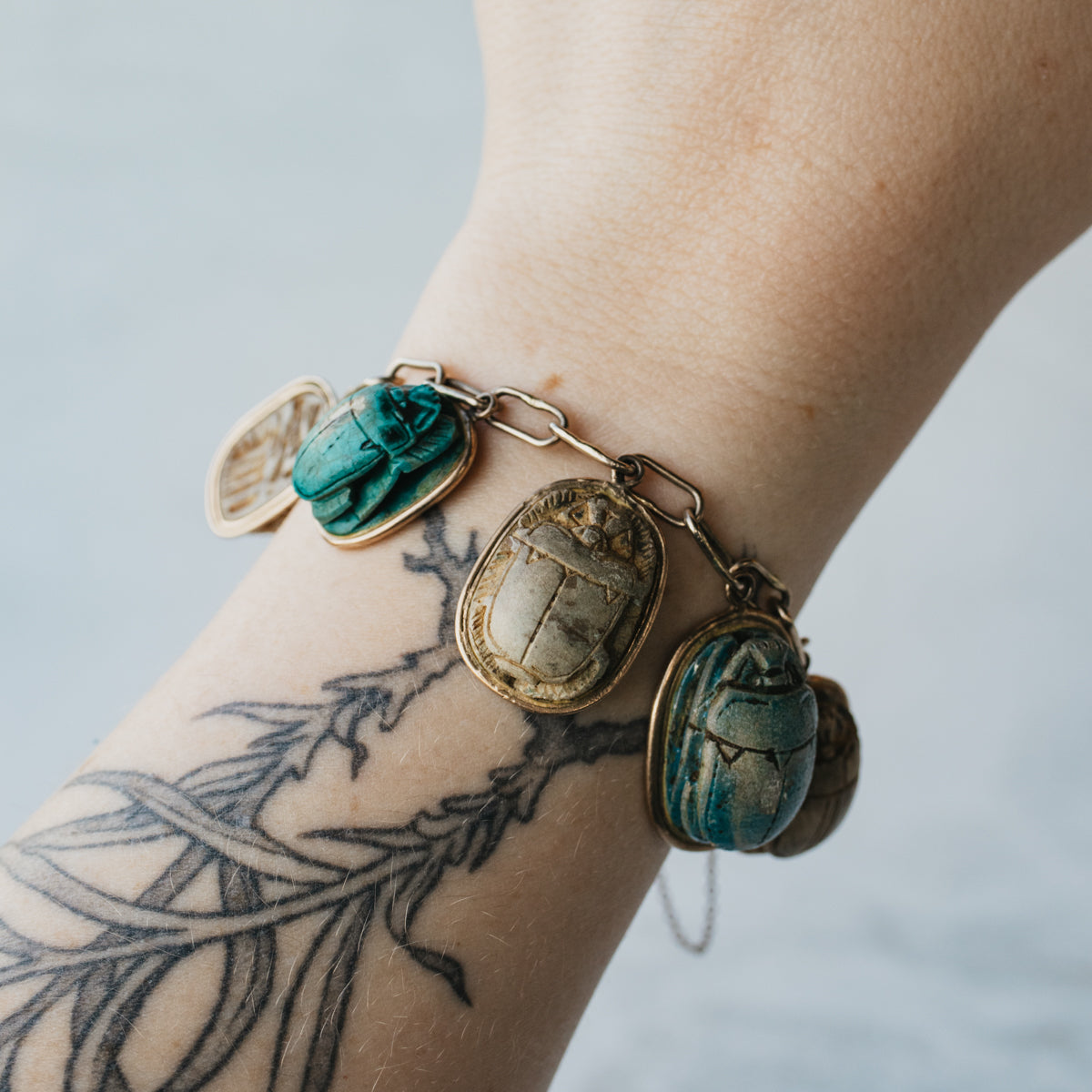 12K-18K Yellow Gold Ancient Egyptian Revival Faience Scarab Clay Bead Bracelet