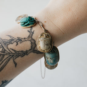 12K-18K Yellow Gold Ancient Egyptian Revival Faience Scarab Clay Bead Bracelet