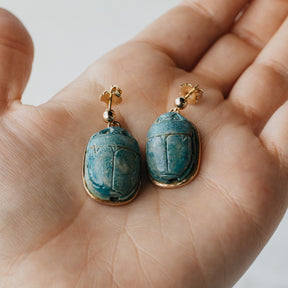 10K-18K Yellow Gold Ancient Egyptian Revival Faience Scarab Clay Bead Earrings