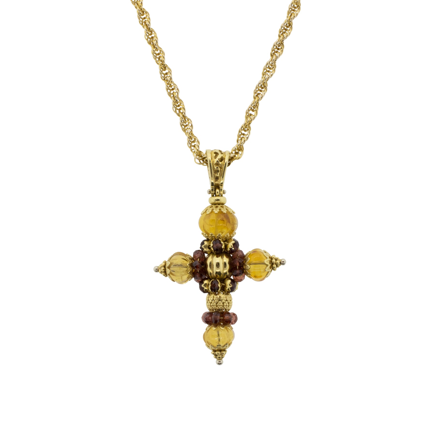 Citrine, Tourmaline, and Gold Bead Opulent Cross Pendant