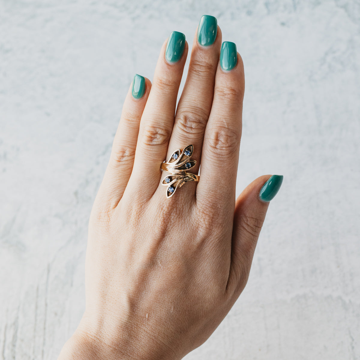 14K Yellow Gold Blue Sapphire Bypass Leaf Ring