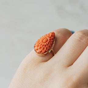 Carved Floral Antique Coral Ring