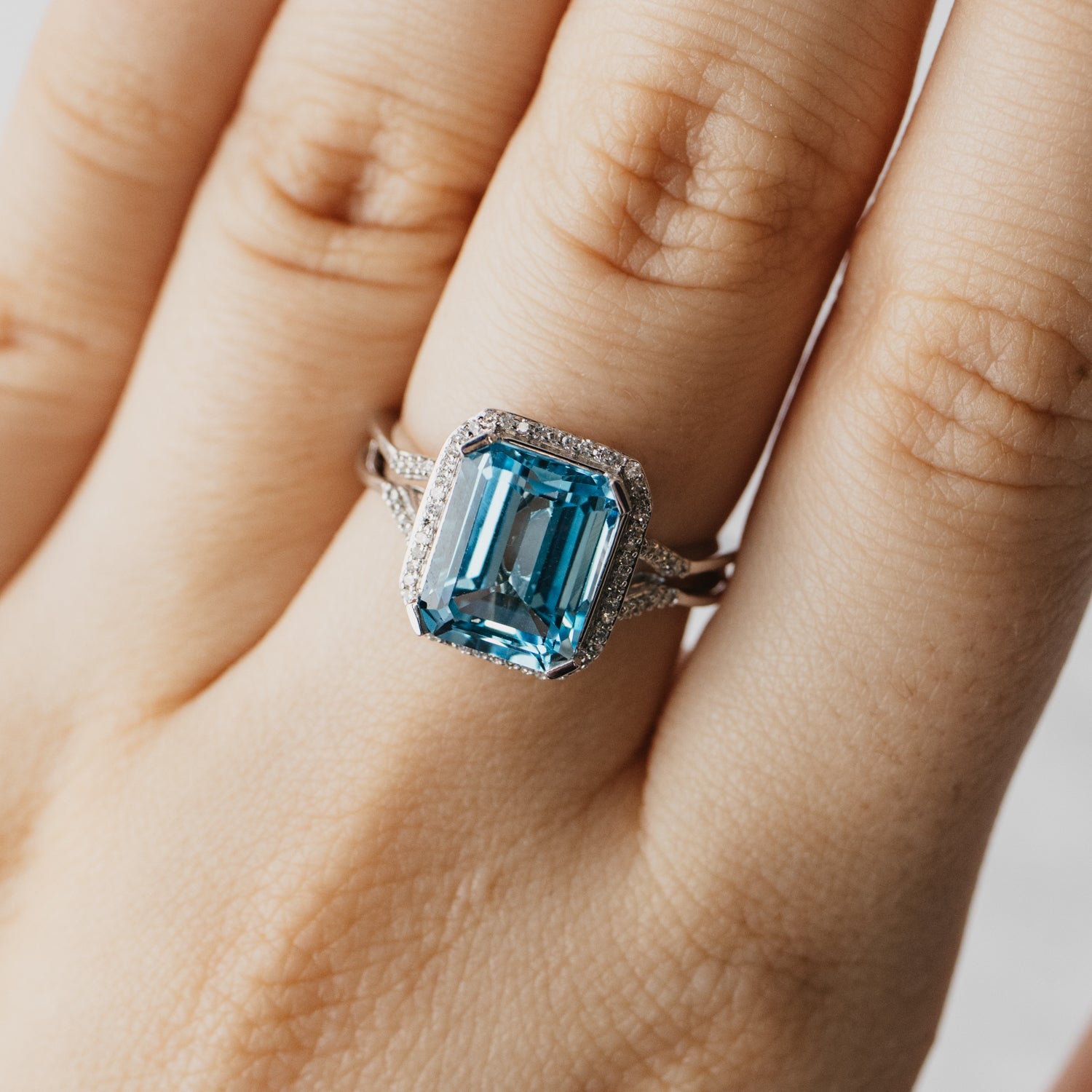 Swiss Blue Topaz Diamond Halo Ring