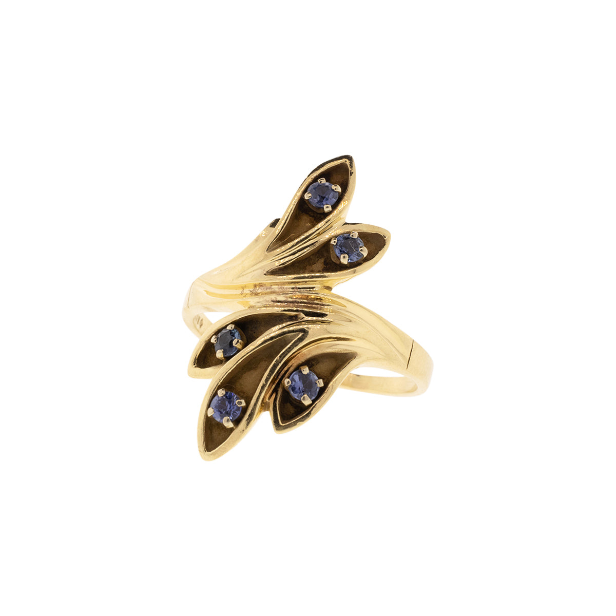 14K Yellow Gold Blue Sapphire Bypass Leaf Ring
