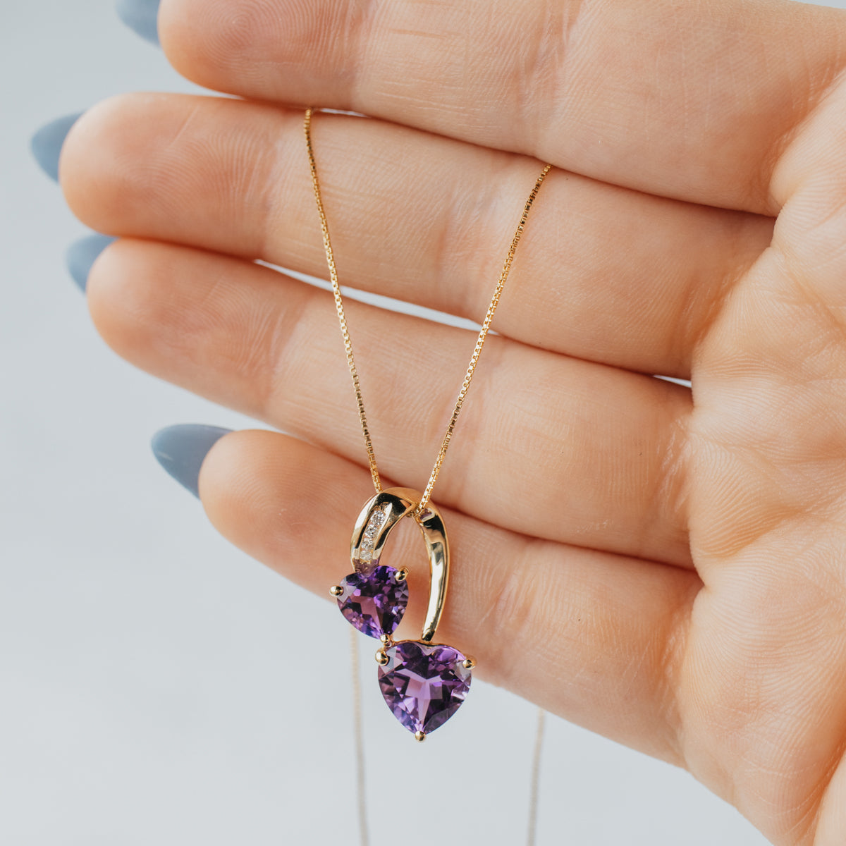 14K Yellow Gold Amethyst Heart & Diamond Pendant With Dainty 18" Box Chain