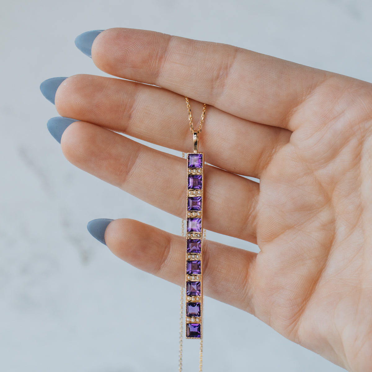 14K Yellow Gold Converted Amethyst & Seed Pearl Pendant With Cable Chain