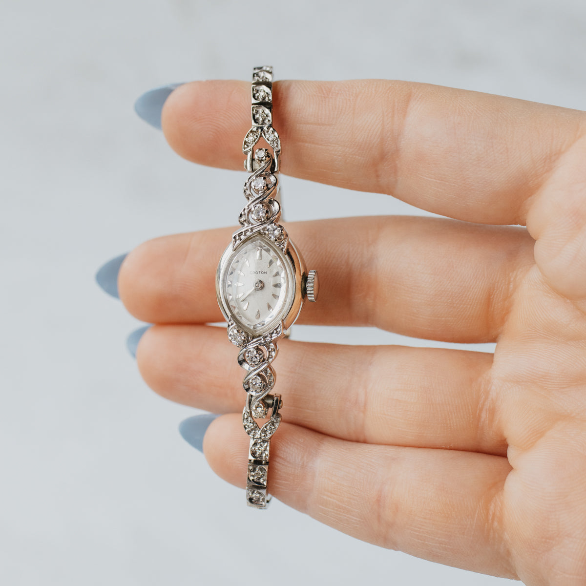 14K White Gold Mid-Century Ladies Diamond Croton Watch