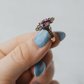 10K Yellow Gold Victorian Oval Amethyst & Seed Pearl Ring