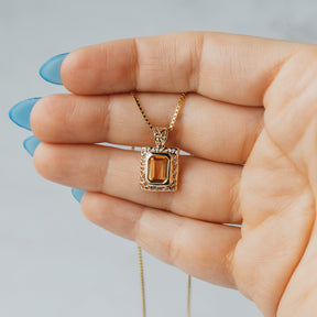 Emerald Cut Citrine and Filigree Pendant Necklace