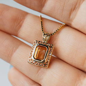 Emerald Cut Citrine and Filigree Pendant Necklace