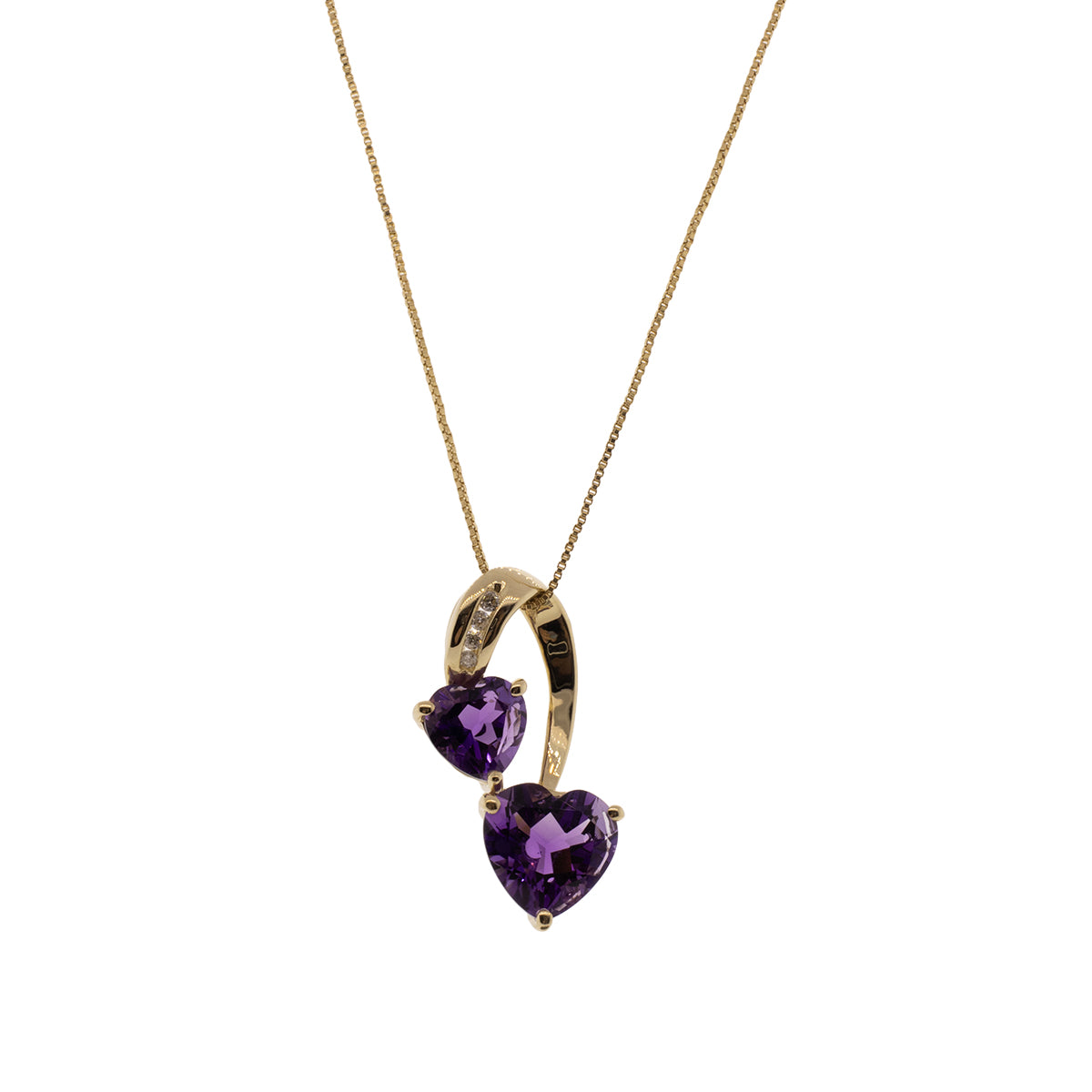 14K Yellow Gold Amethyst Heart & Diamond Pendant With Dainty 18" Box Chain