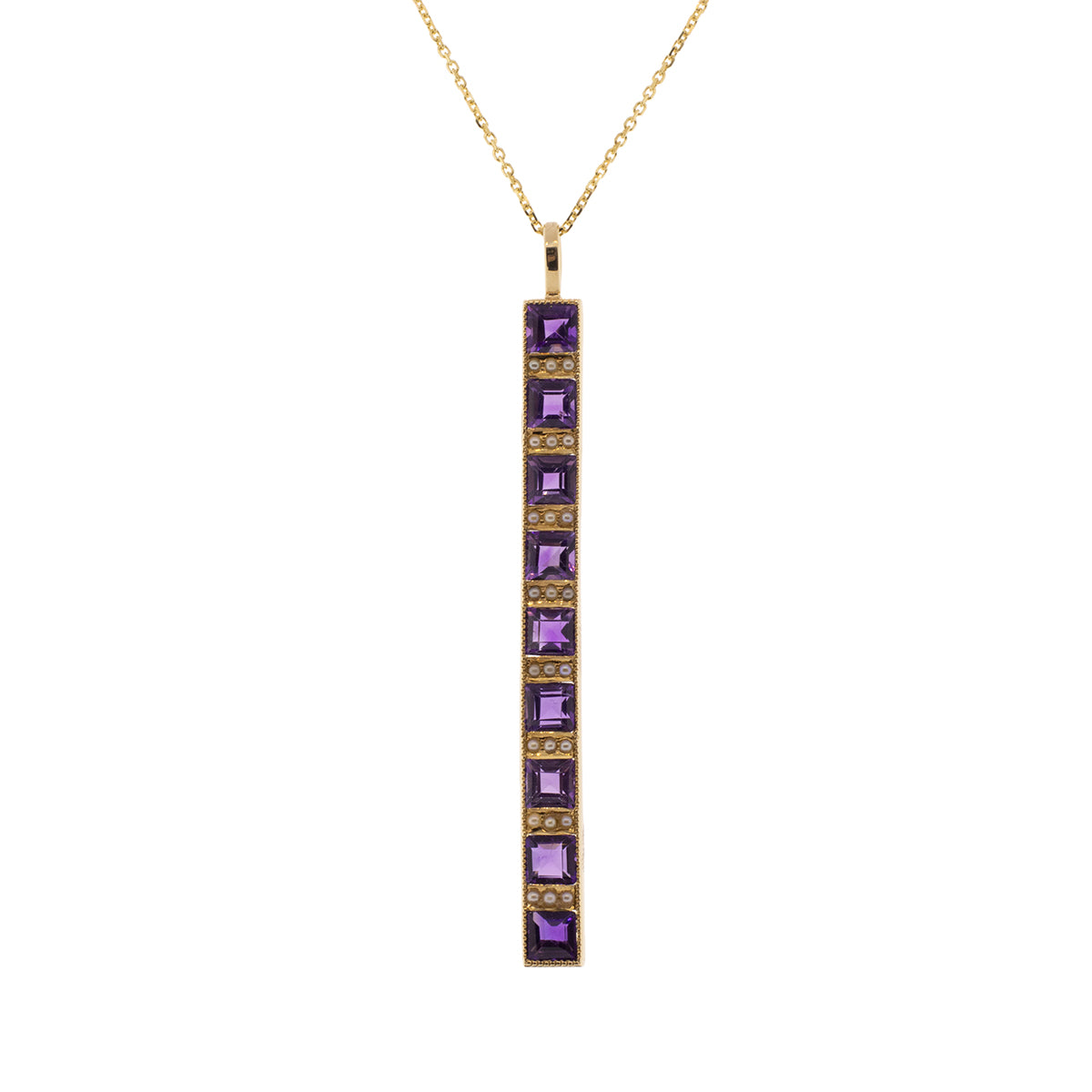 14K Yellow Gold Converted Amethyst & Seed Pearl Pendant With Cable Chain