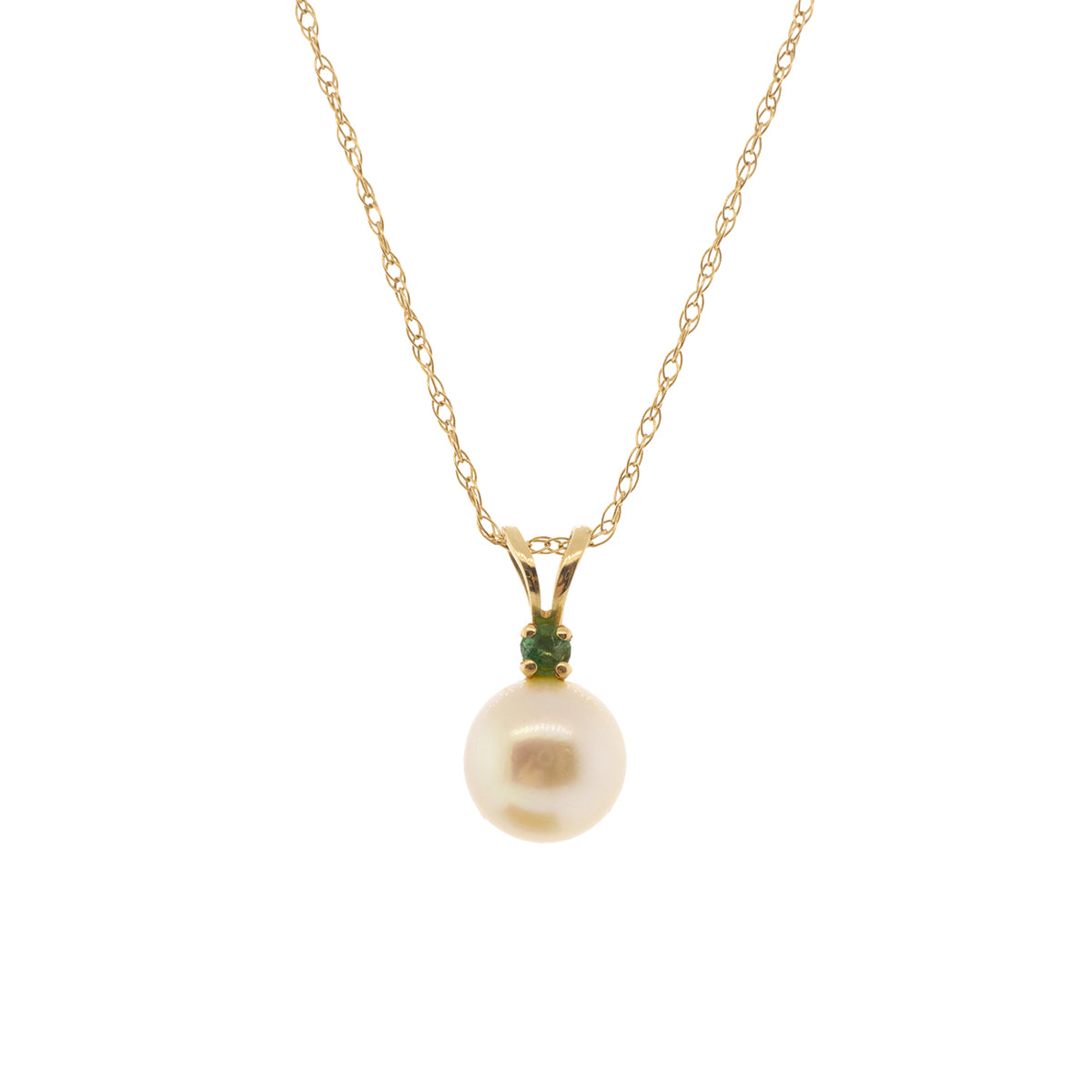 14K Yellow Gold Akoya Pearl & Emerald Pendant With Twisted Rope Chain