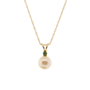 14K Yellow Gold Akoya Pearl & Emerald Pendant With Twisted Rope Chain
