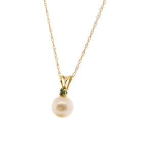 14K Yellow Gold Akoya Pearl & Emerald Pendant With Twisted Rope Chain