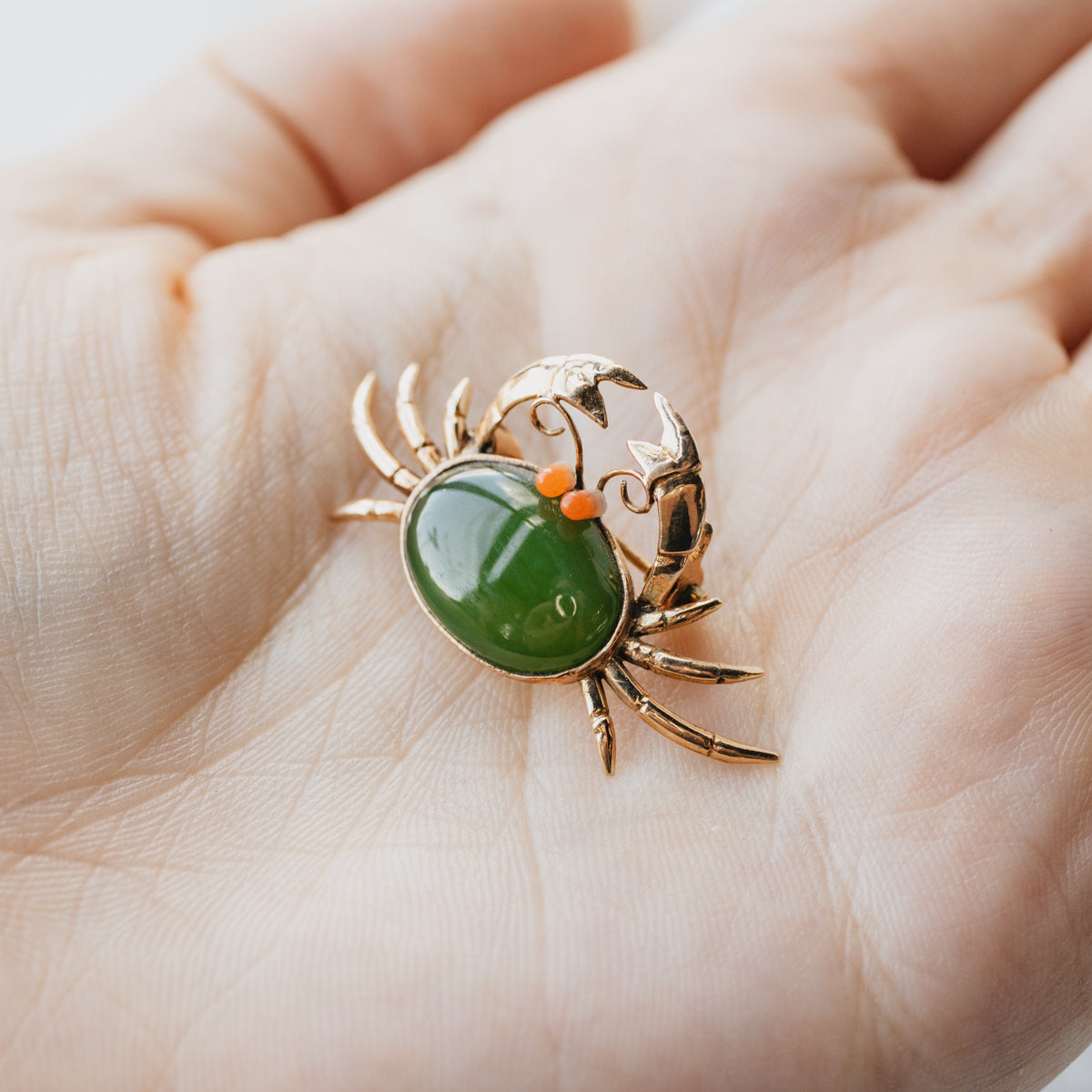 Darling Nephrite Jade and Coral Crab Brooch