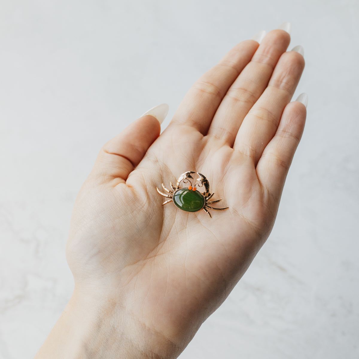 Darling Nephrite Jade and Coral Crab Brooch