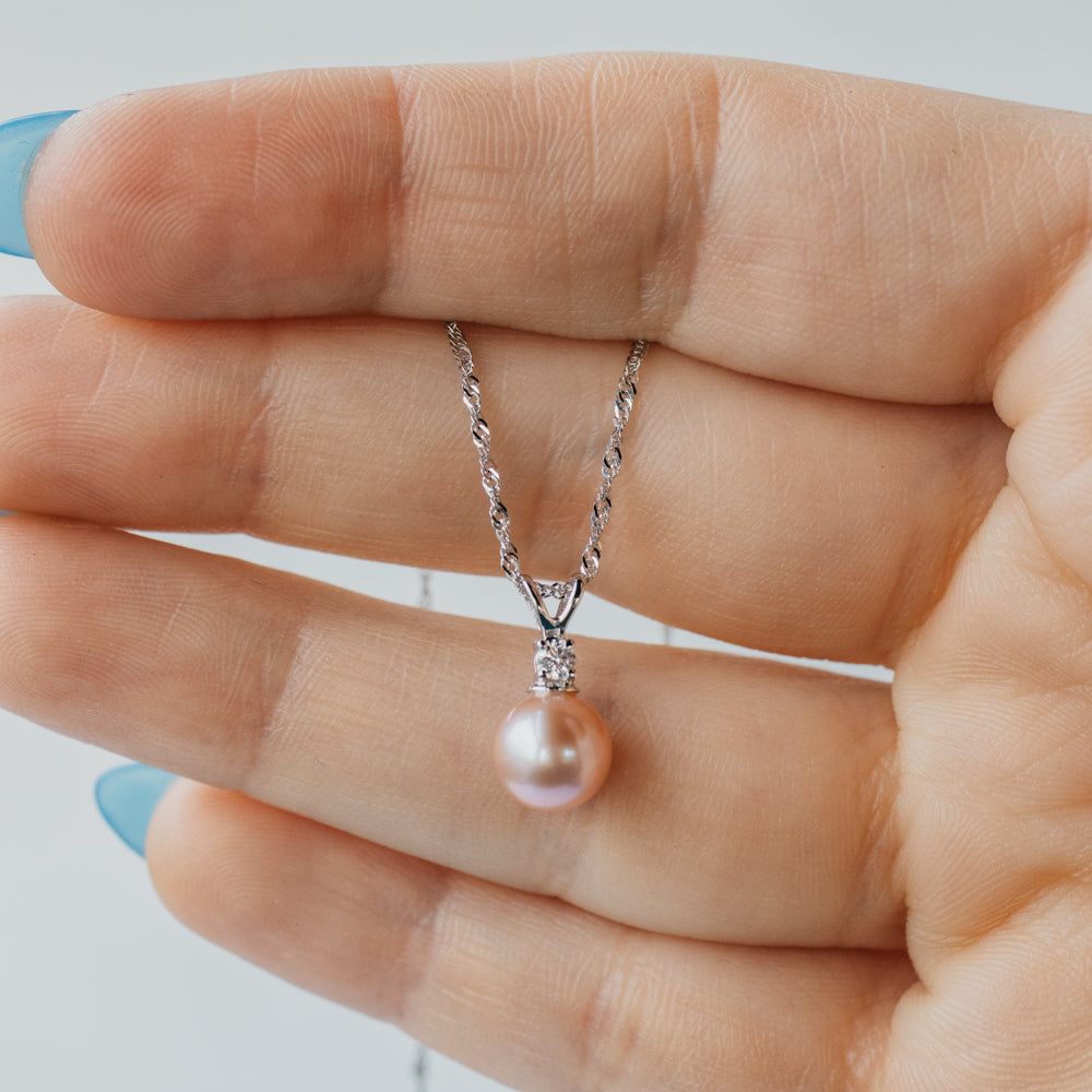 Diamond Accented Champagne Pink Pearl Necklace