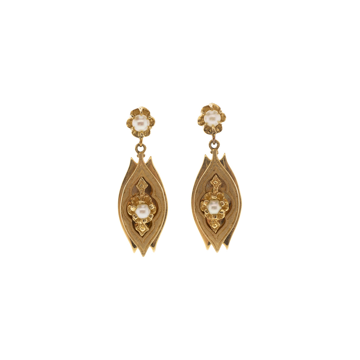 14K Yellow Gold Victorian Buttercup Pearl Dangle Earrings