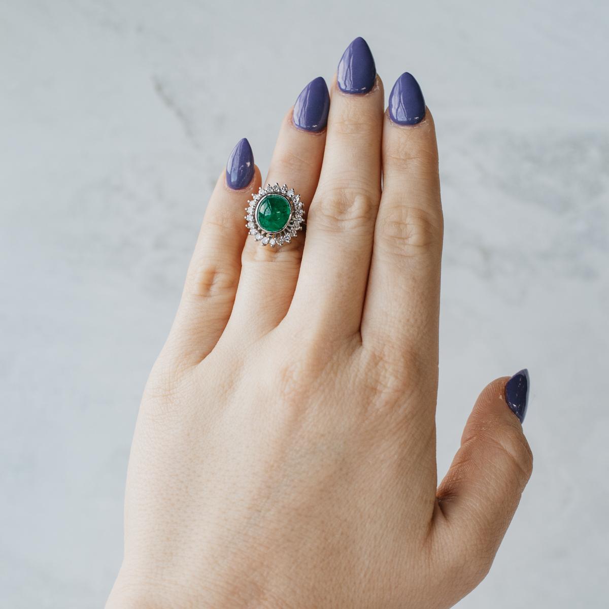 18K White Gold Oval Cabochon Colombian Emerald and Diamond Halo Ring