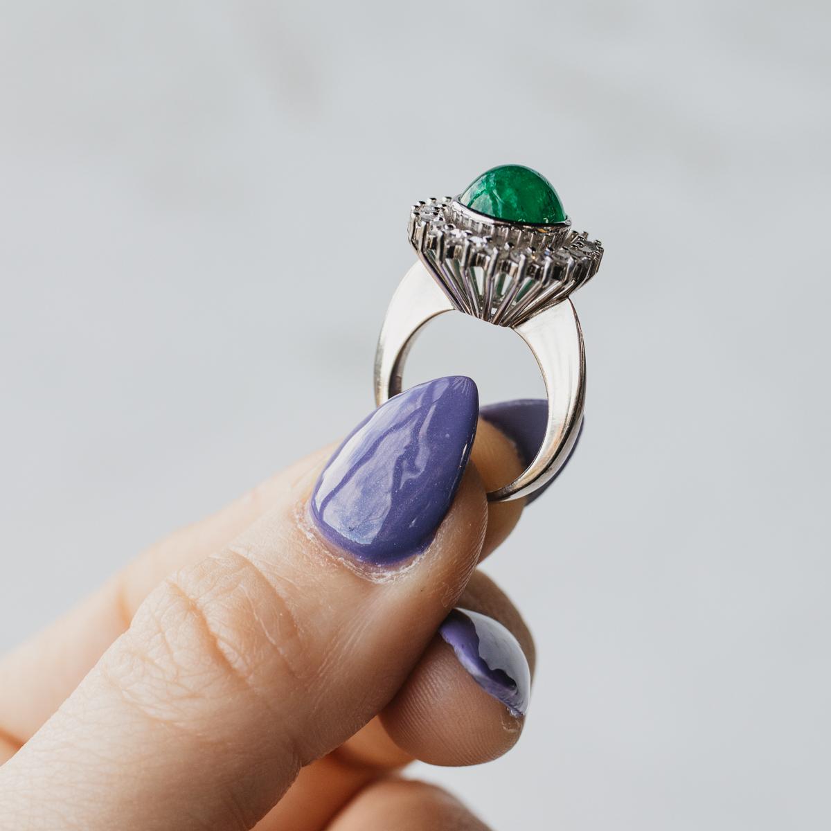 18K White Gold Oval Cabochon Colombian Emerald and Diamond Halo Ring