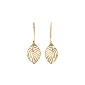 14K Yellow Gold Slatted Leaf Dangle Earrings