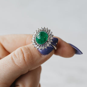18K White Gold Oval Cabochon Colombian Emerald and Diamond Halo Ring