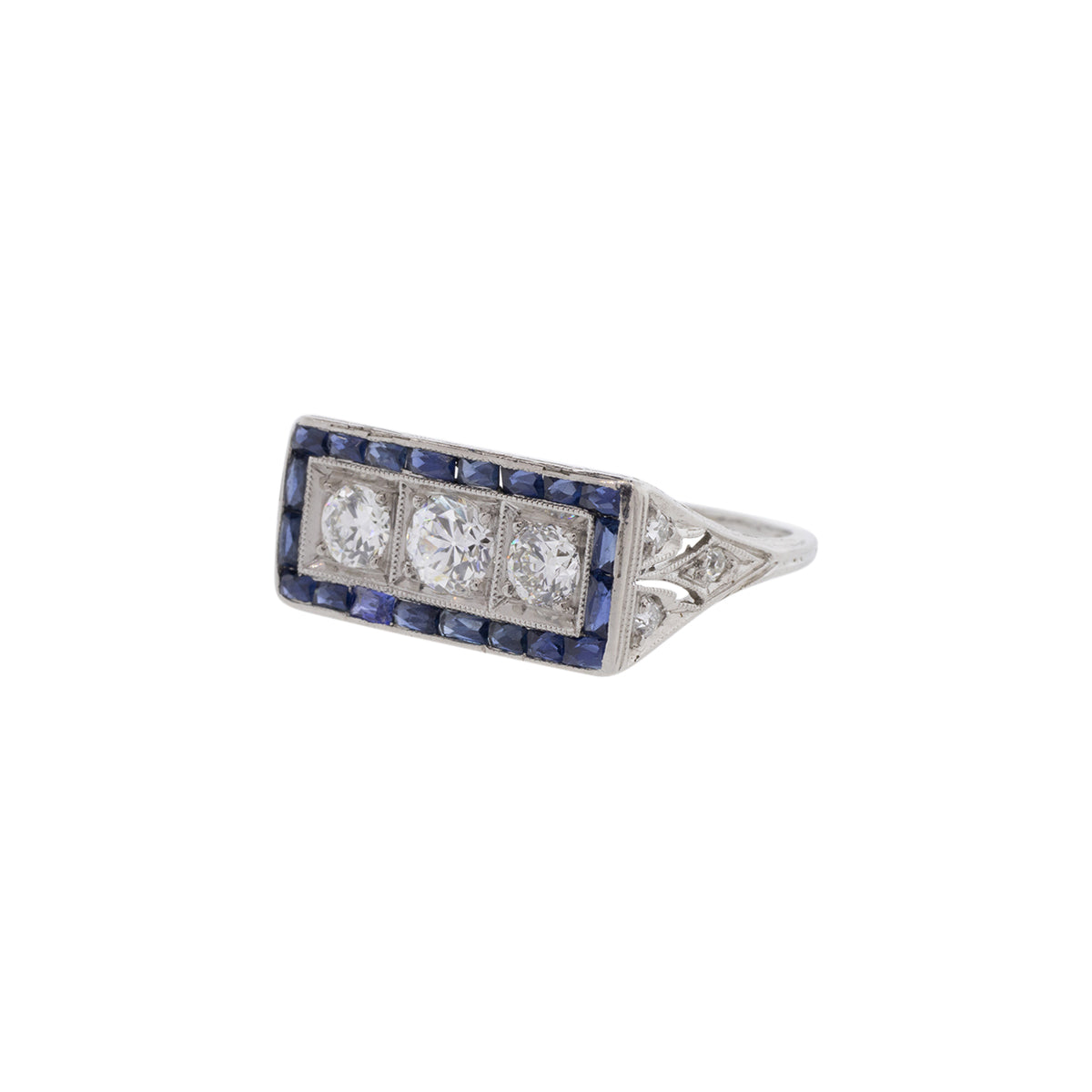14K White Gold 1930's Diamond & Sapphire Ring