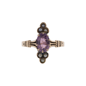 10K Yellow Gold Victorian Oval Amethyst & Seed Pearl Ring