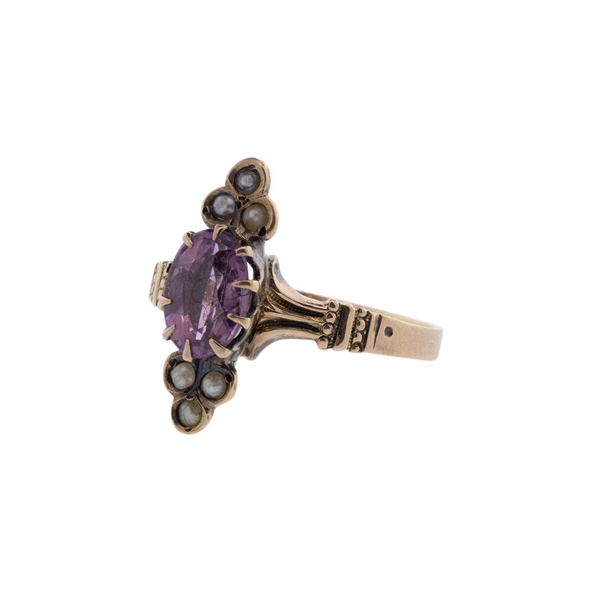 10K Yellow Gold Victorian Oval Amethyst & Seed Pearl Ring