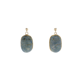 10K-18K Yellow Gold Ancient Egyptian Revival Faience Scarab Clay Bead Earrings