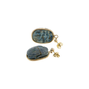 10K-18K Yellow Gold Ancient Egyptian Revival Faience Scarab Clay Bead Earrings