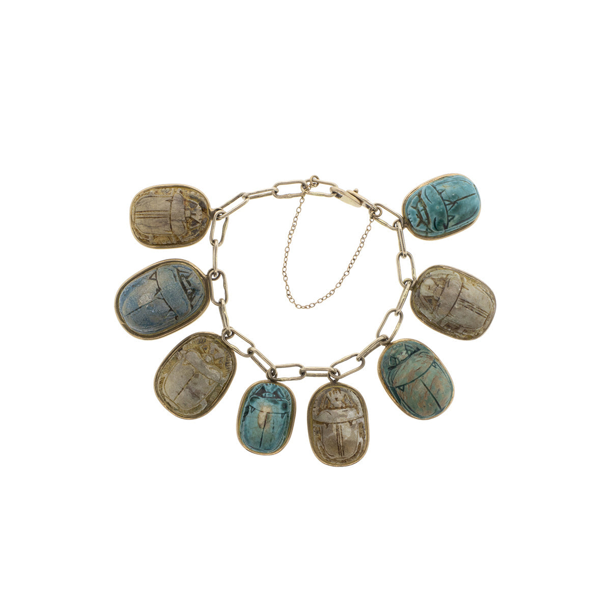Necklace with scarab beetle pendants on a white background
