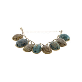 12K-18K Yellow Gold Ancient Egyptian Revival Faience Scarab Clay Bead Bracelet