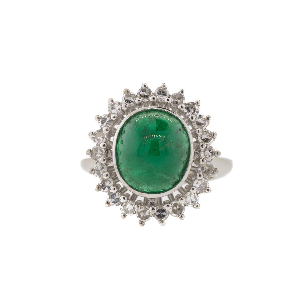 18K White Gold Oval Cabochon Colombian Emerald and Diamond Halo Ring