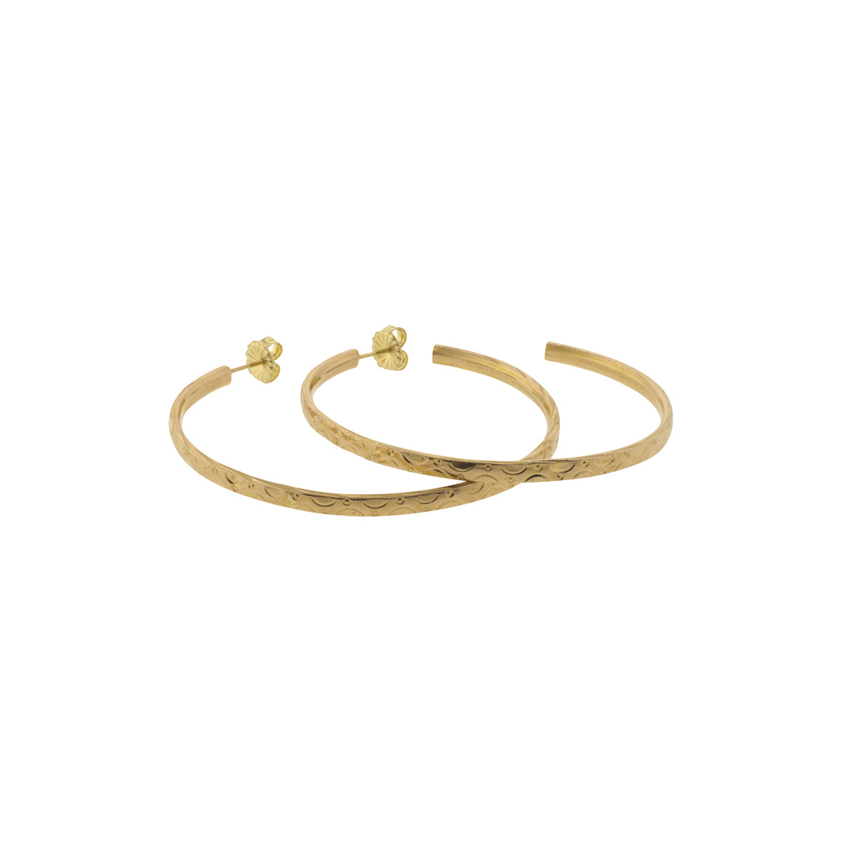 18K Yellow Gold High-Polish Engraved Hollow Hoop Earrings