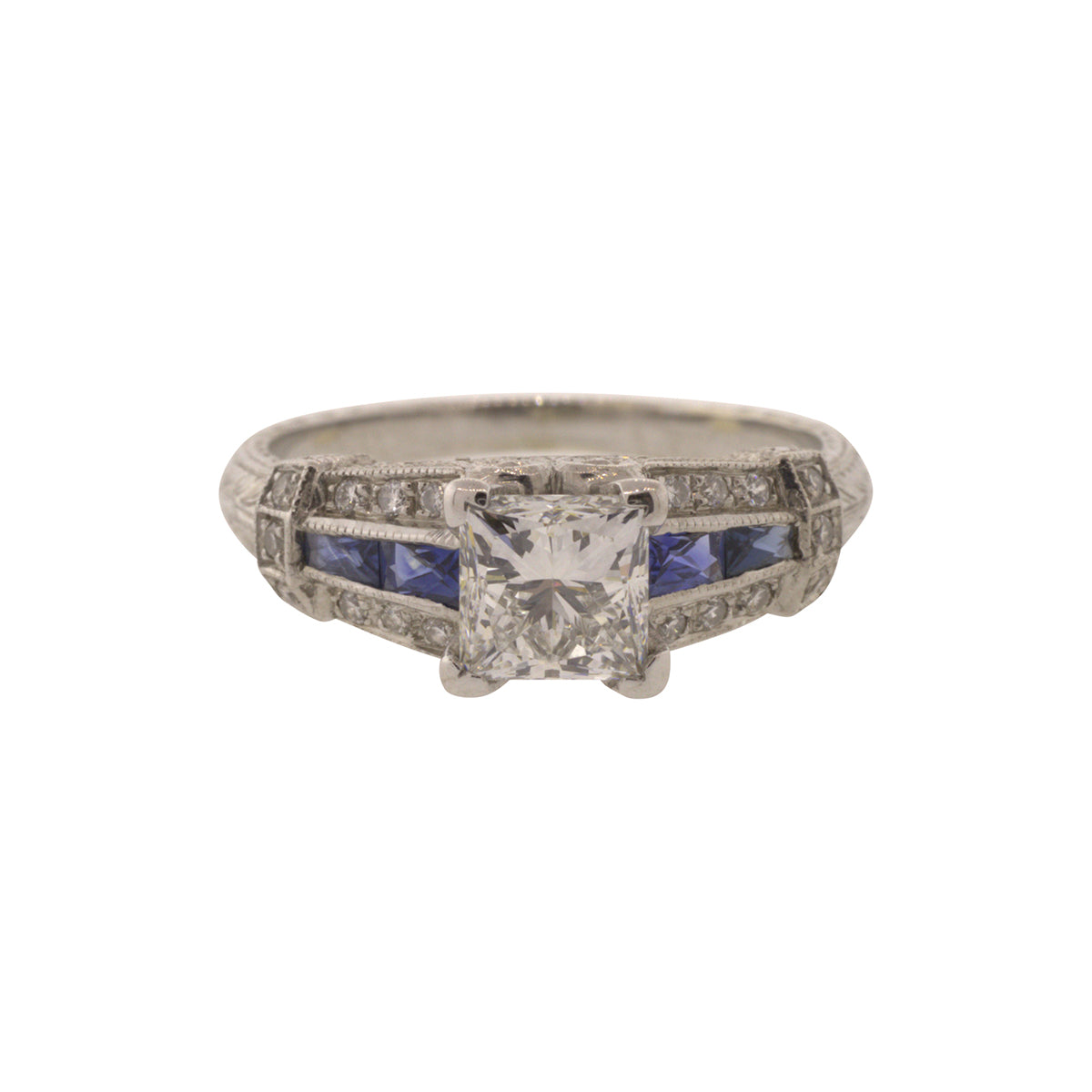 18K White Gold Princess Cut Diamond and Sapphire Ring