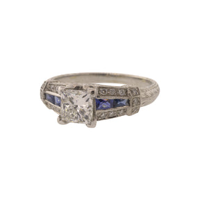 18K White Gold Princess Cut Diamond and Sapphire Ring