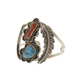 Sterling Silver Navajo Turquoise and Coral Leaf Bracelet