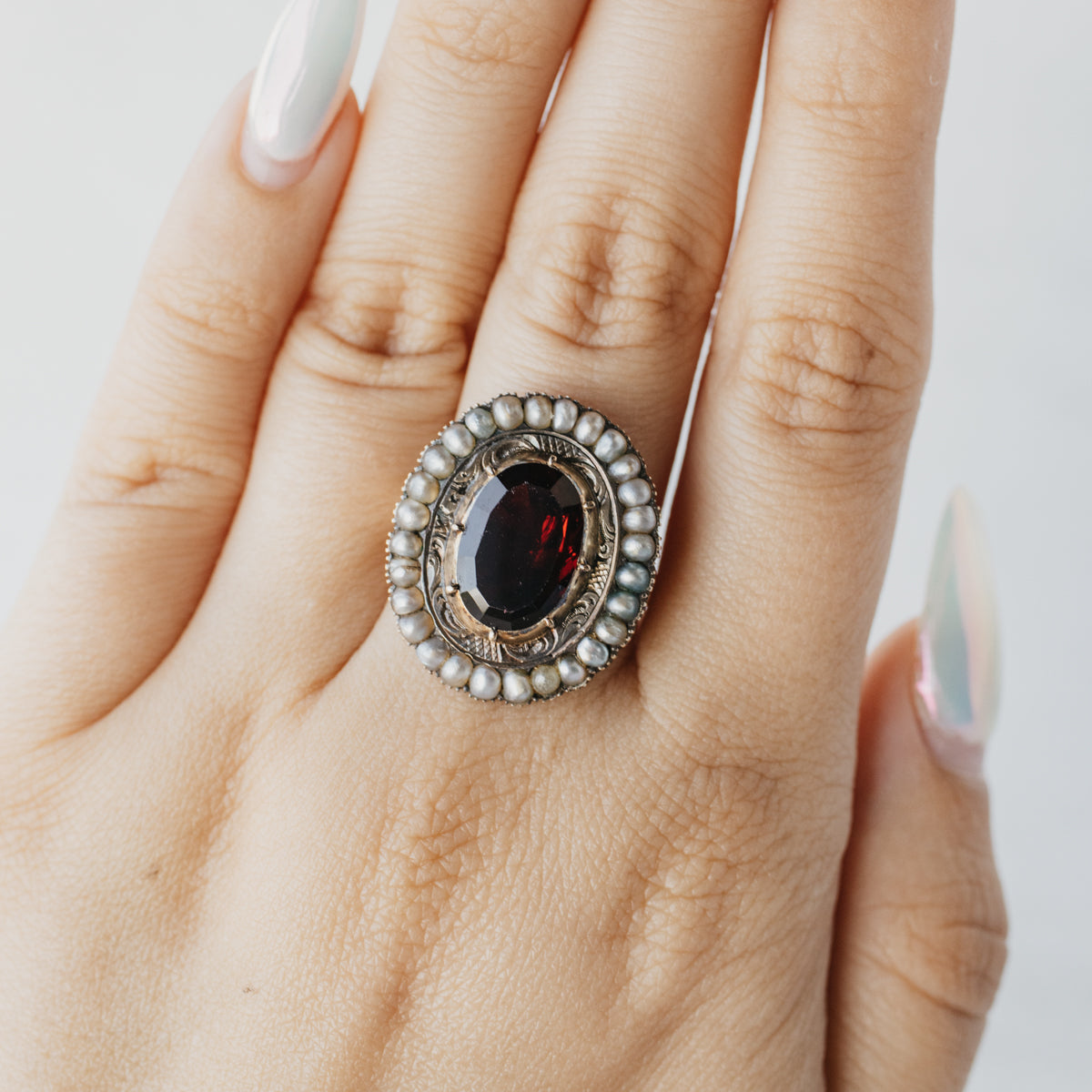 Victorian Garnet and Seed Pearl Halo Ring